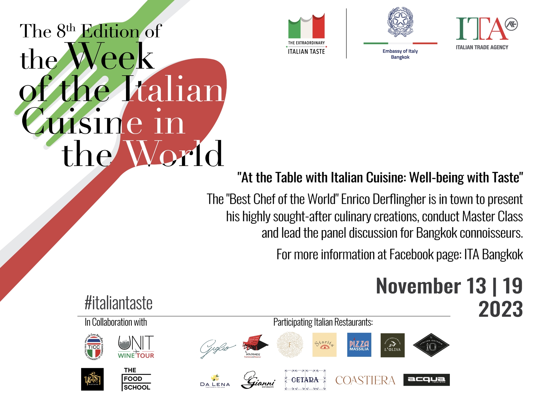 The 8th Edition of the Week of the Italian Cuisine in the World Celebrated in Bangkok, November 13-19, 2023